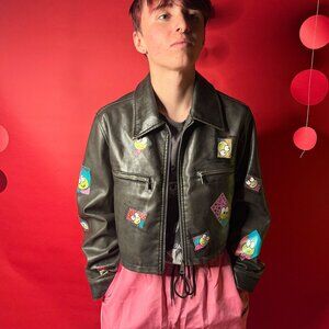 Upcycled Cropped Vegan Leather Jacket – Hand-Painted Art Patches